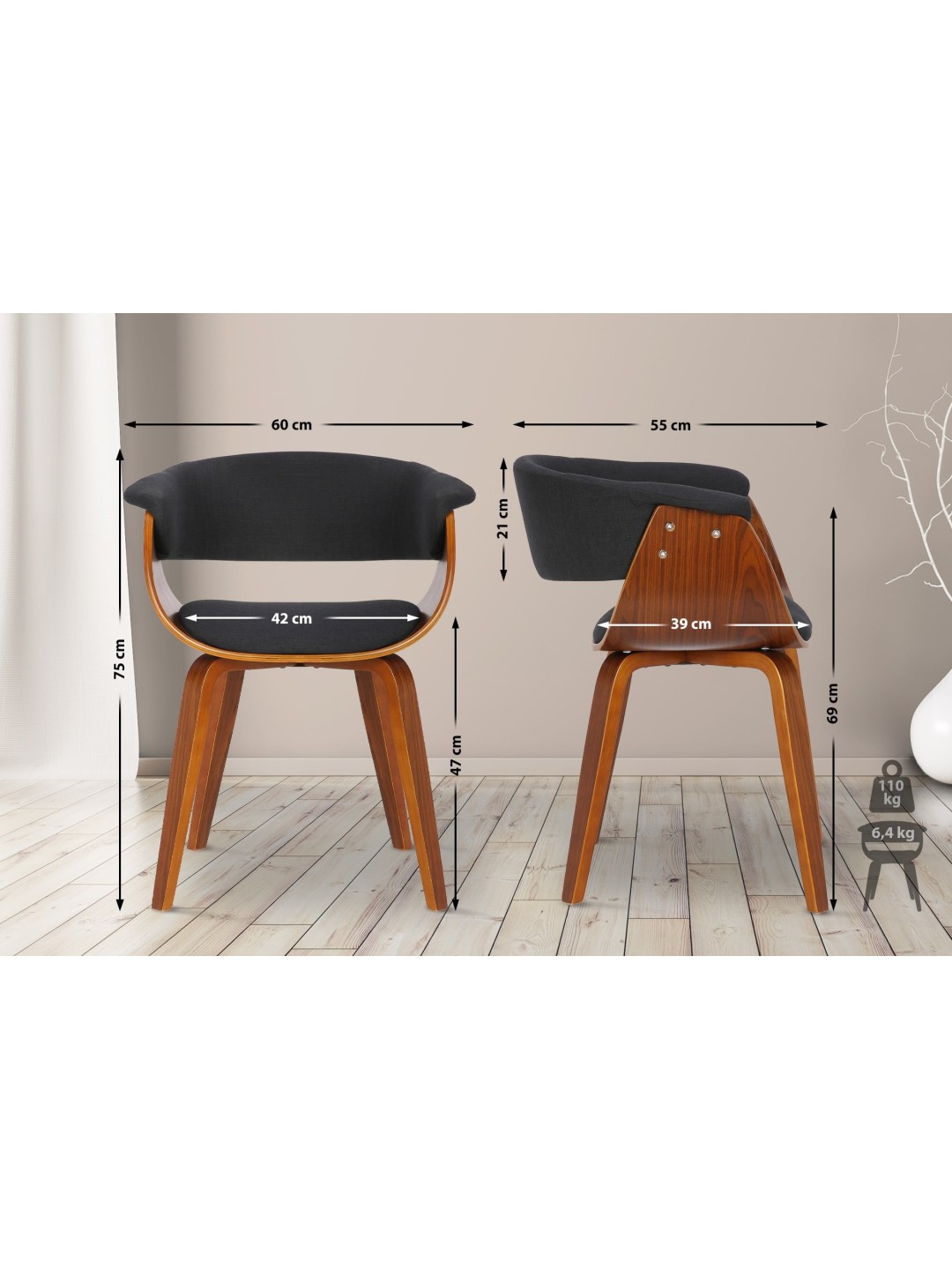 Set van 2 stoelen Bruce stof, walnoot/zwart