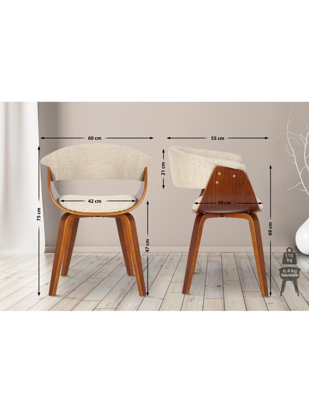 Set van 2 stoelen Bruce stof, walnoot/crème