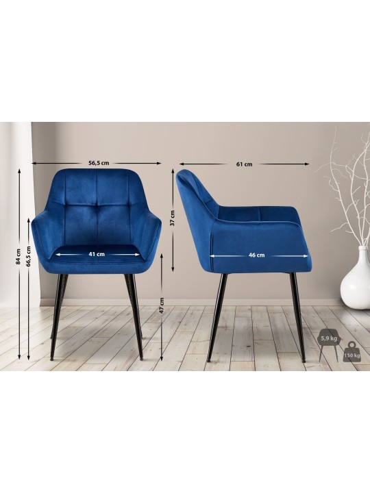 Set van 2 eetkamerstoelen Emia fluweel, blauw