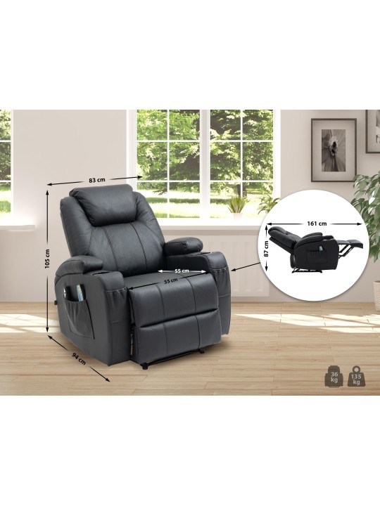 Hepler fauteuil met massagefunctie echt leer, zwart