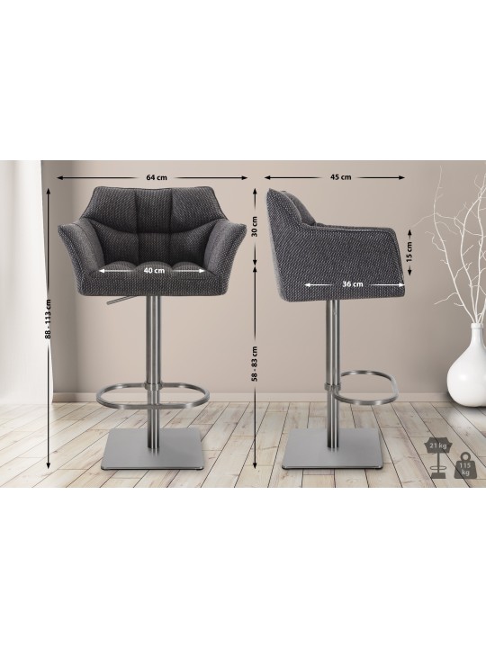 Set van 2 barkrukken Damaso stof roestvrij staal, titaniumgrijs