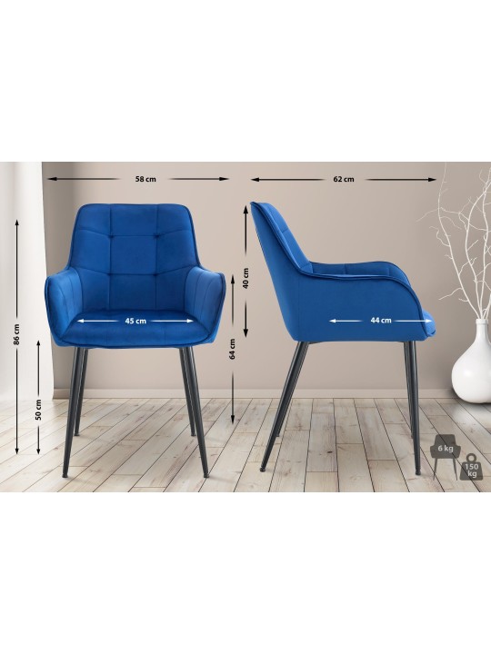 Set van 2 Ferndale fluwelen eetkamerstoelen, donkerblauw