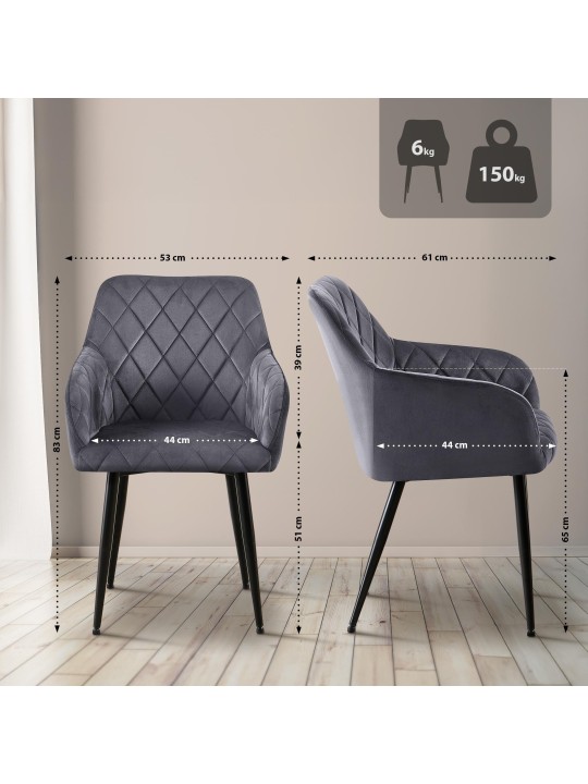 Set van 2 eetkamerstoelen Monett fluweel B, donkergrijs