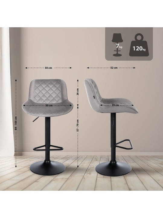 Set van 2 barkrukken Kasson fluweel, grijs