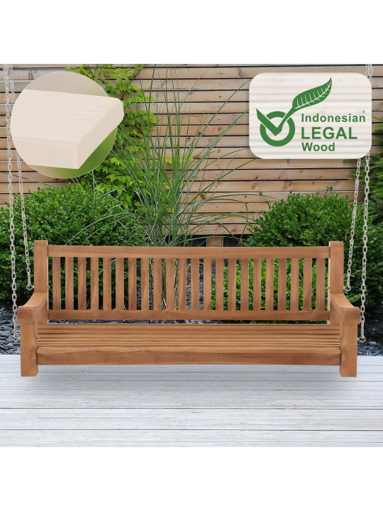 Joyce schommelbank met zitkussen 180 cm + teak, crème Joyce schommelbank met zitkussen 180 cm + teak, crème