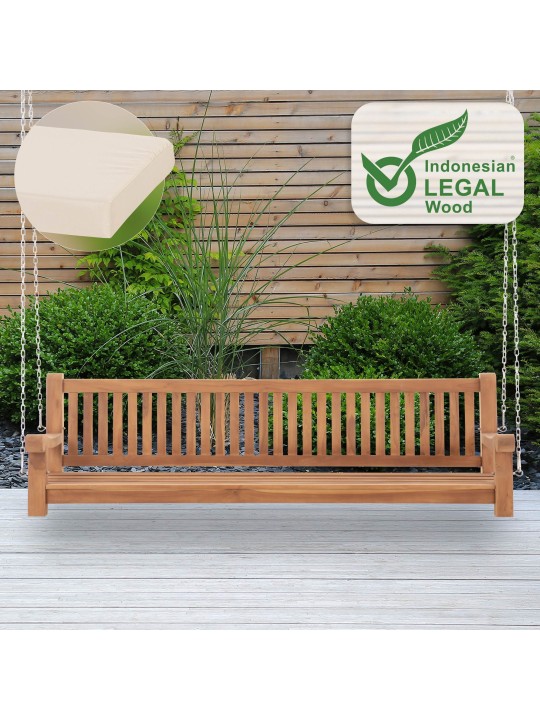 Joyce schommelbank met zitkussen 220 cm + teak, crème Joyce schommelbank met zitkussen 220 cm + teak, crème
