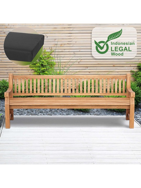 Teakhouten bank Jackson met zitkussen 240 cm + teakhout, donkergrijs Teakhouten bank Jackson met zitkussen 240 cm + teakhout, donkergrijs