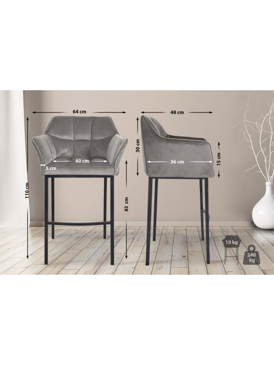 Barkruk Damaso B fluweel met 4-poots frame, grijs Barkruk Damaso B fluweel met 4-poots frame, grijs