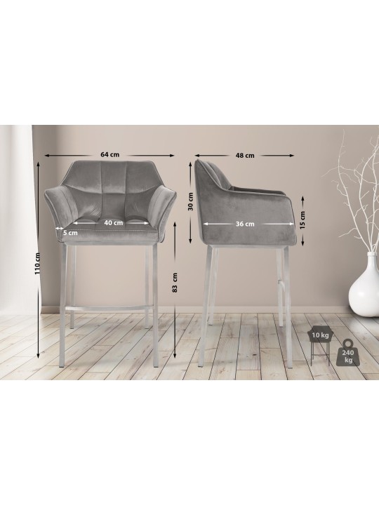 Barkruk Damaso E fluweel met 4-poots frame, grijs Barkruk Damaso E fluweel met 4-poots frame, grijs